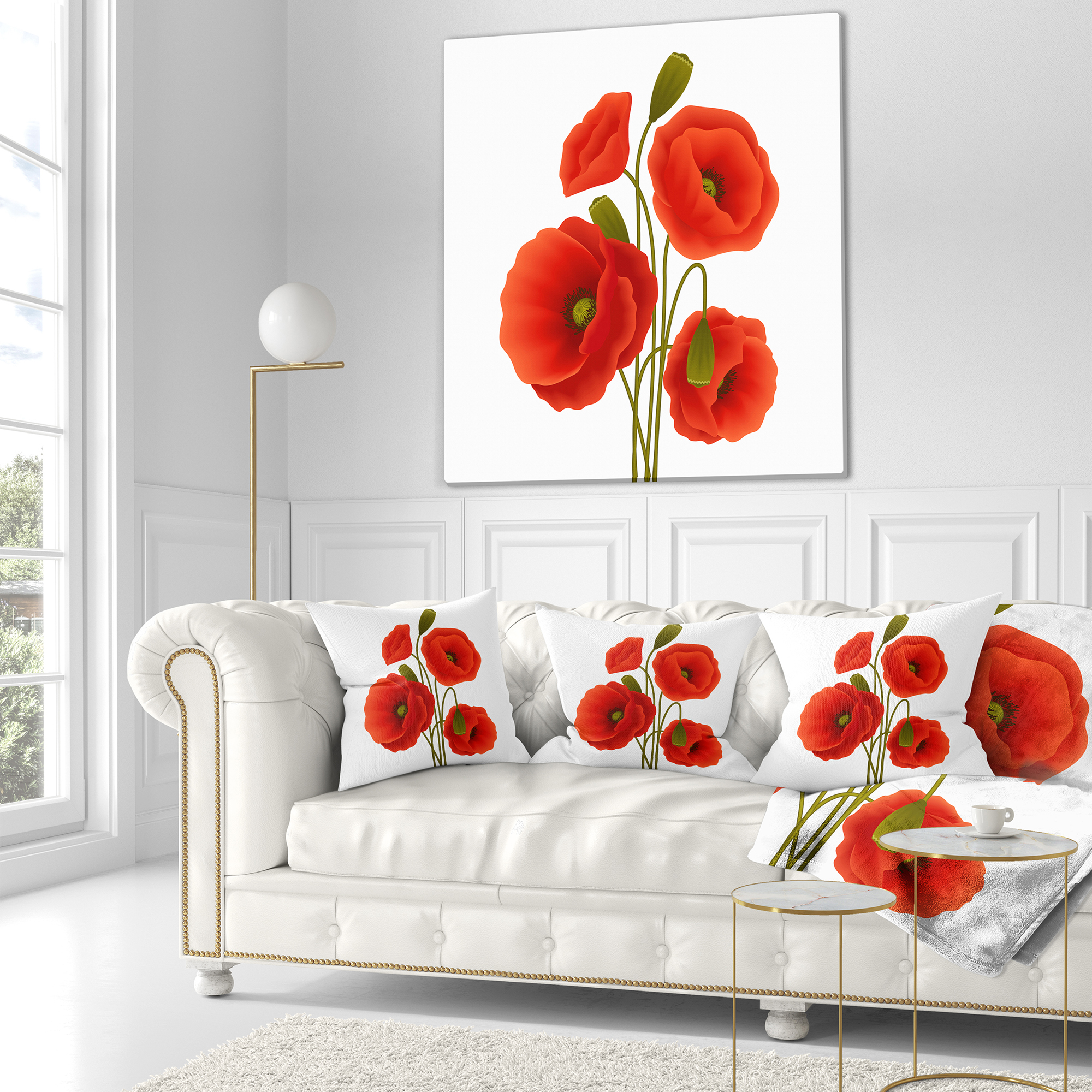 Designart Close Up View of Poppy on White - Floral Throw Pillow - 18x18