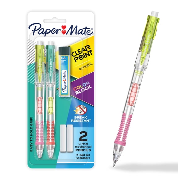 Paper Mate Clearpoint Mechanical Pencil, Color Block Edition, HB #2 Lead, Includes Eraser and Lead Refills, 5 Piece Set