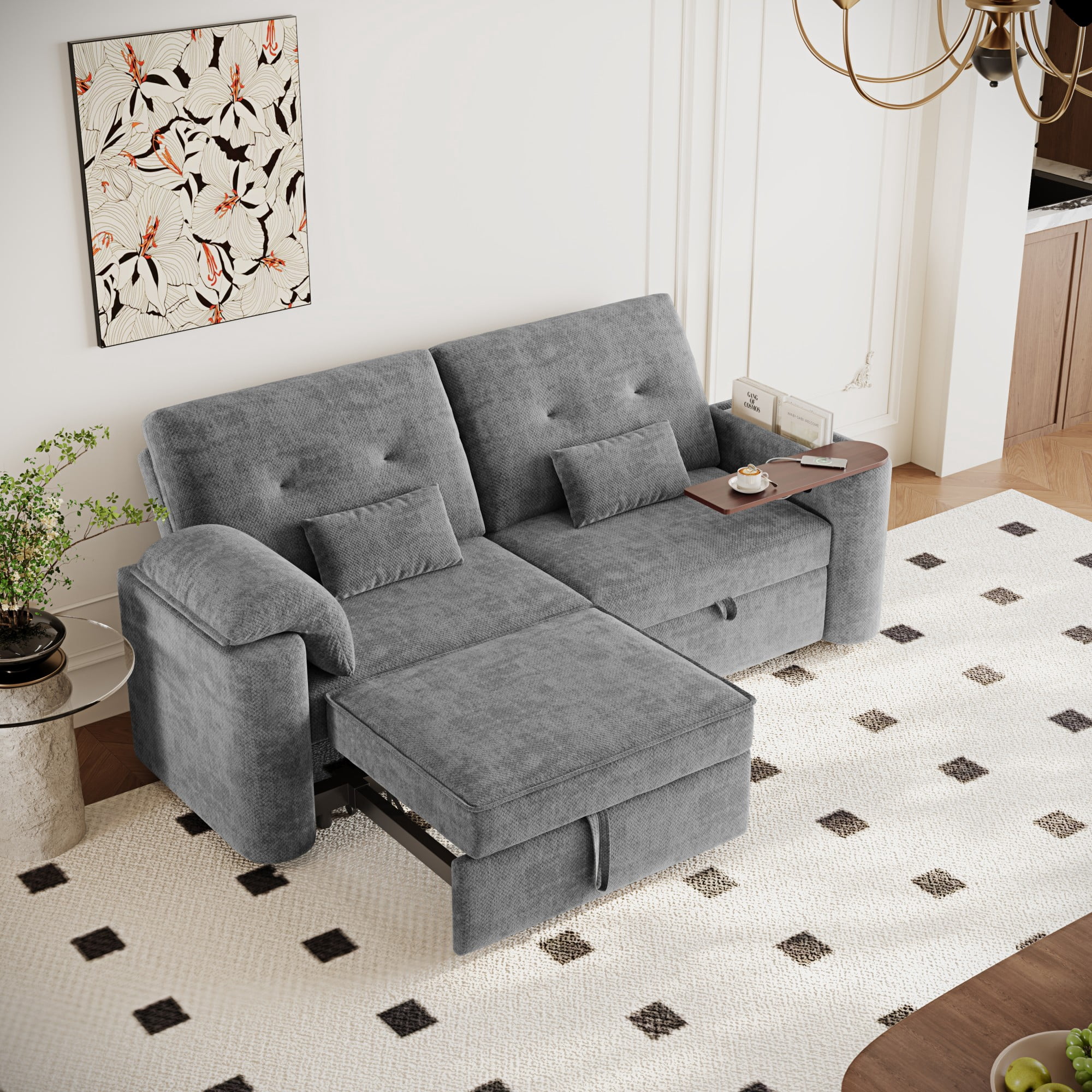 DEALTOPS 82" Chenille 3-in-1 Convertible Sleeper Sofa Bed with 270° Swivel Table & USB Ports, Gray