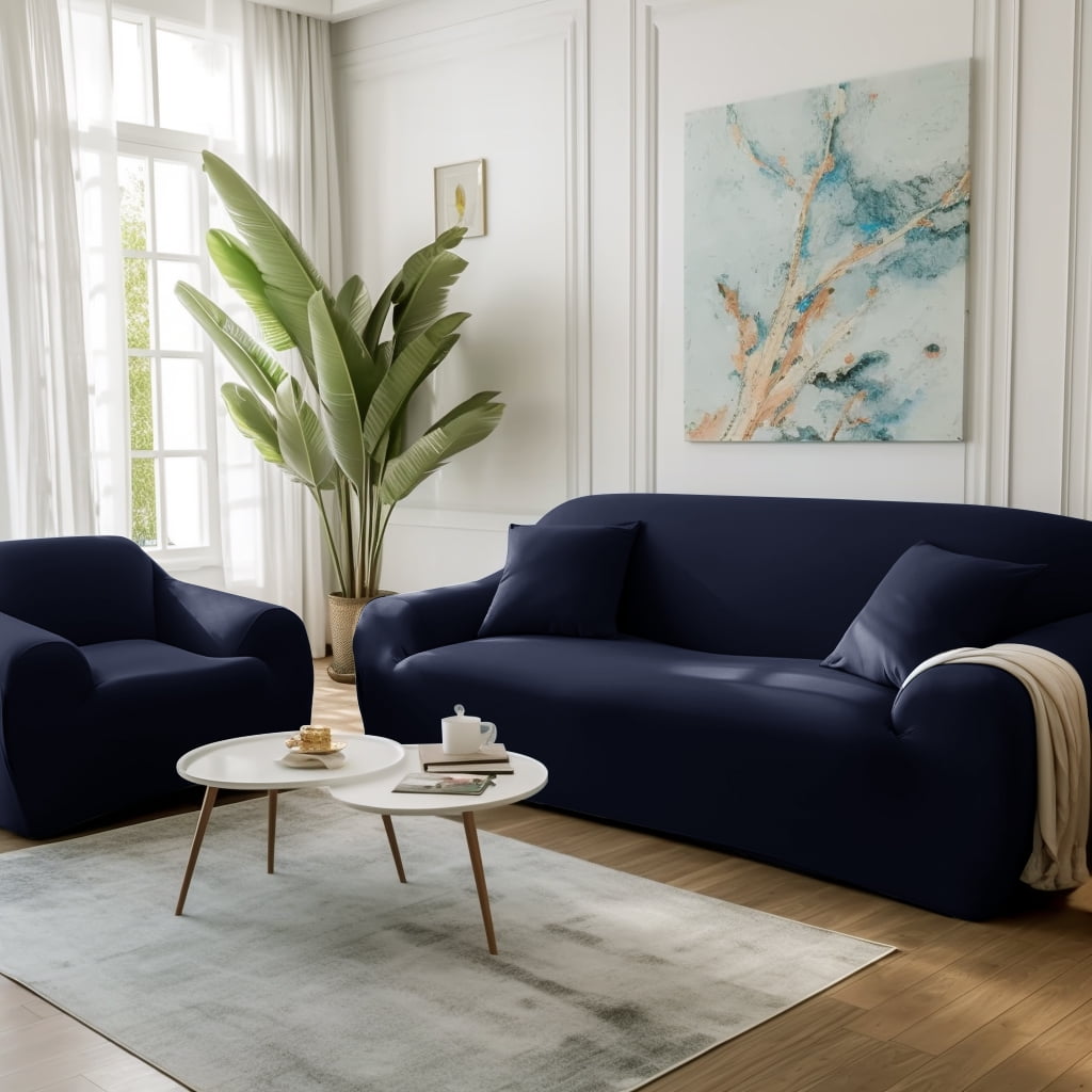 YEAHOME Stretch Sofa Slipcover with Pillow Case 1-Piece Sofa Cover Furniture Protector Couch Soft with Elastic Bottom for Kids Pet Protector Furniture Covers(Chair, Navy Blue)