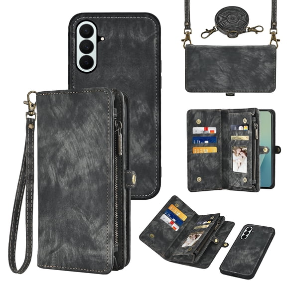 Asuwish Phone Case for Samsung Galaxy Z Fold 7 Zipper Wallet Detachable Cell Cover Crossbody Lanyard Strap Flip Card Holder ZFold Z7 G Fold7 7Z Women Girls Black