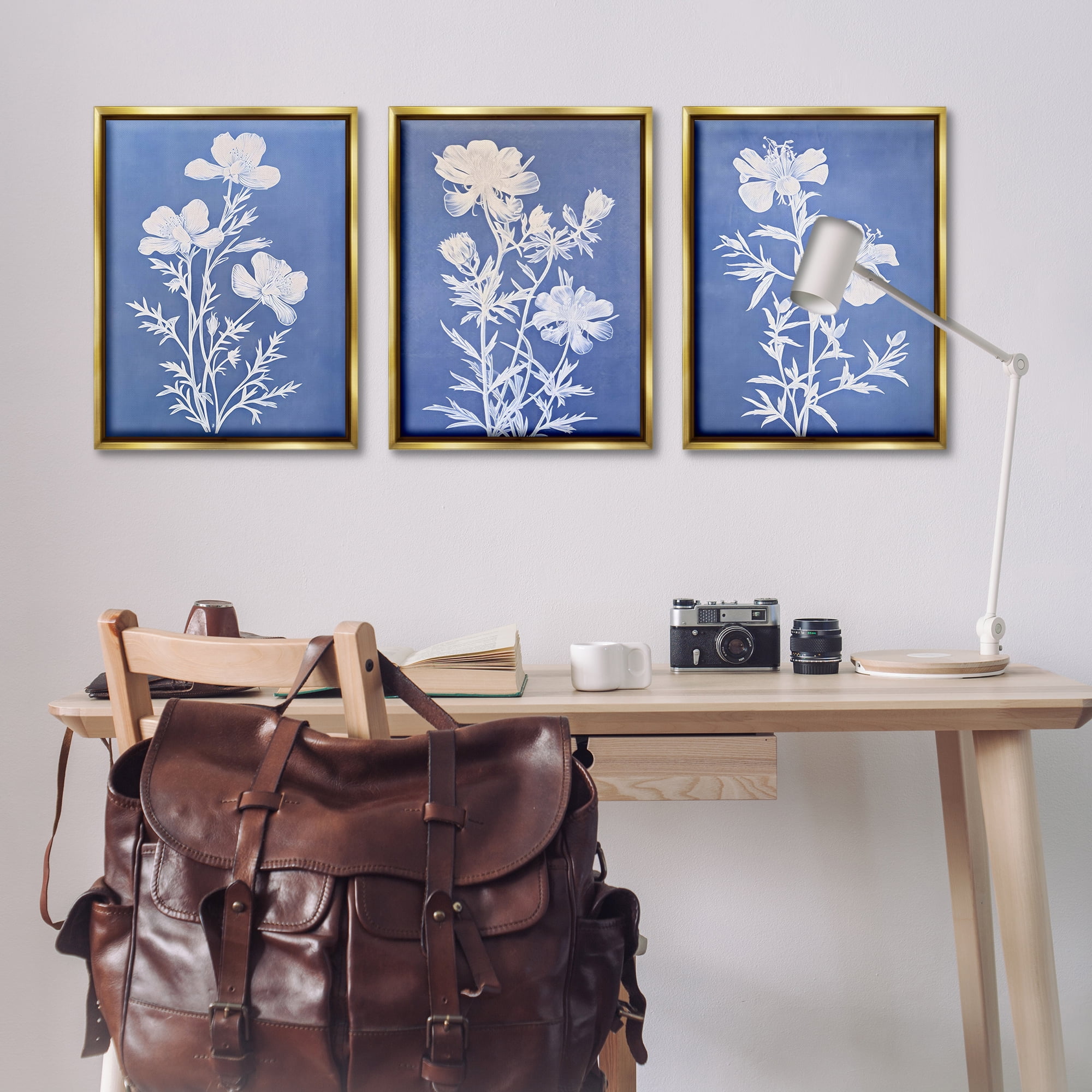 Stupell Industries Varied Cerulean Botanicals Plants & Flowers Painting Gold Floater Framed Canvas Art Print Wall Art, 21 x 31, Set of 3