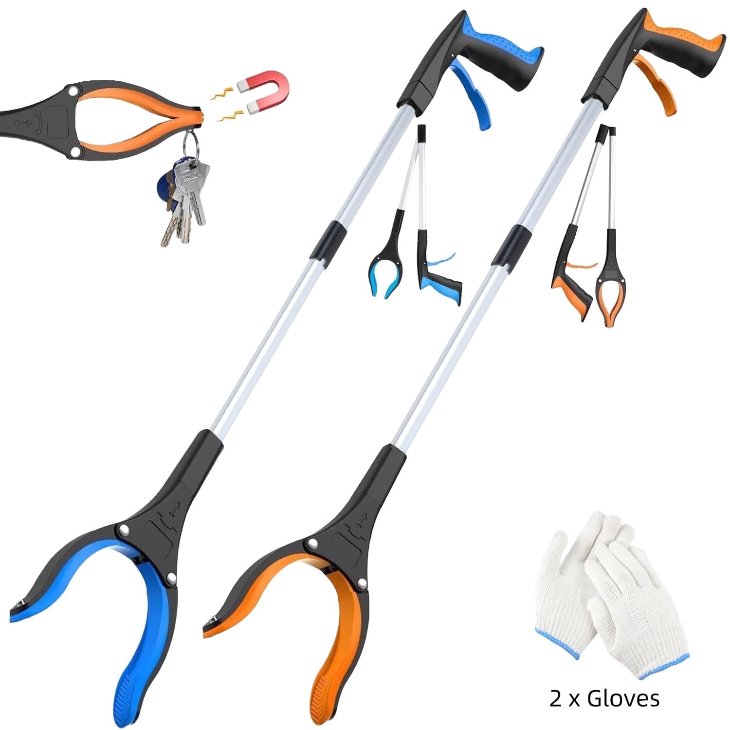 Grabber Reacher Tool, 32” Extra Long Foldable Gripper and Reaching Tool, Heavy Duty Pick Up Stick Grabbers for Seniors, Trash, Surgery Recovery Must Haves Gifts (Blue+Orange 2P)