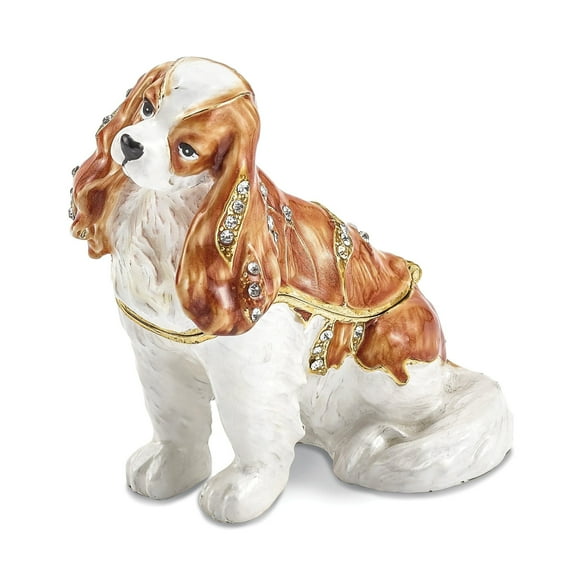 Luxury Giftware by Jere Pewter Bejeweled Crystals Gold-tone Enameled HENRIETTA Maria Cavalier King Charles Spaniel Trinket Box with Matching 18 Inch Necklace QBJ4066