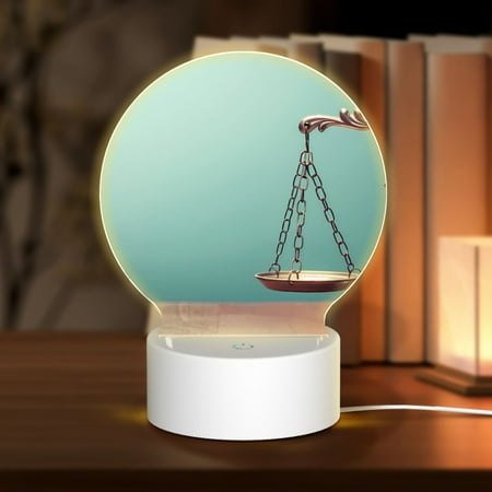 Tebeau Vintage Brass Balance Scale Print Round Acrylic Night Light - Personalized LED Lamp with Touch Control 3 Light Modes UV Printed Acrylic Night Lamp