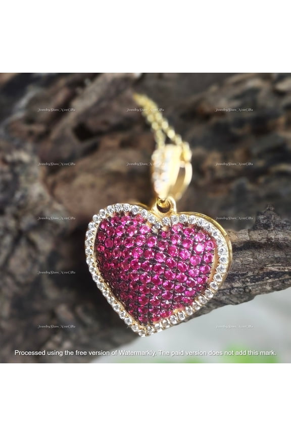 2.00Ct Round Cut Lab-Created Ruby Heart Pendant Necklace | 14K Yellow Gold Plated Sterling Silver | 18" Free Chain | Romantic Jewelry Gift for Her