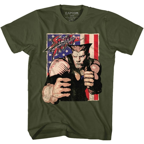 Street Fighter Guile With Flag Military Green Adult T-Shirt