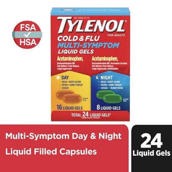 Tylenol Day & Night Cold & Flu Multi-Symptom Liquid Gels Pack, 24 Count