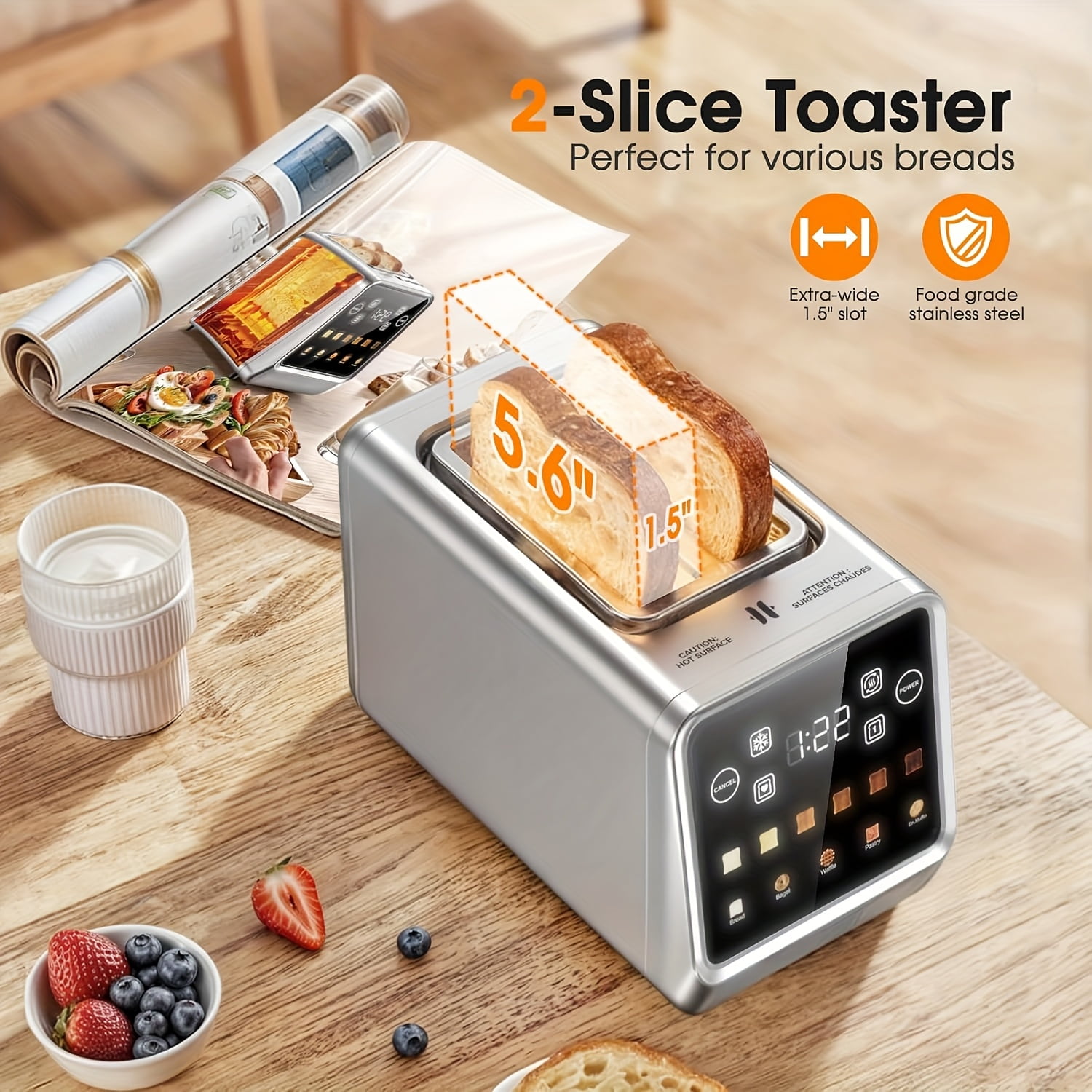 2-Slice Touch Screen Stainless Steel Toaster | Smart Digital with Memory Function, 5 Bread Types & 6 Shade Settings, 1.5" Wide Slot, 900W Power