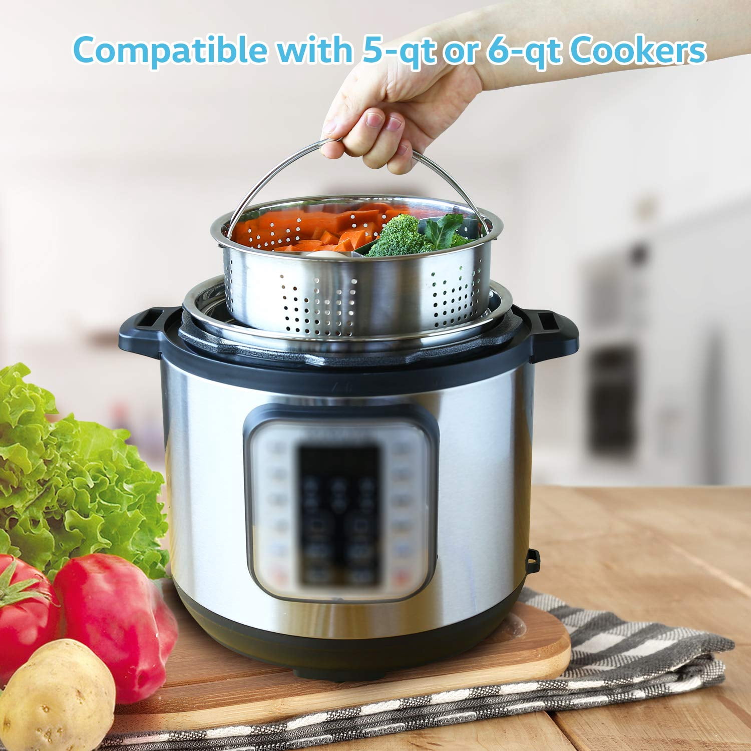Steamer Basket For Instant Pot Pressure Cooker  Accessories Set Compatible With 5/6/8 Qt Instapot -18/8 Stainless Steel Strainer Insert Silicone Handle Divider Egg Rack 6 Quart