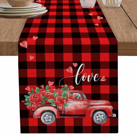 nqOlkjepod Valentines Day Table Runner 60 Inches Long Farmhouse Dress Scarves, Red Black Buffalo Plaid Truck Rose Floral Dining Tablerunner for Coffee Table/Kitchen Island/Party Décor, 13" x 60"