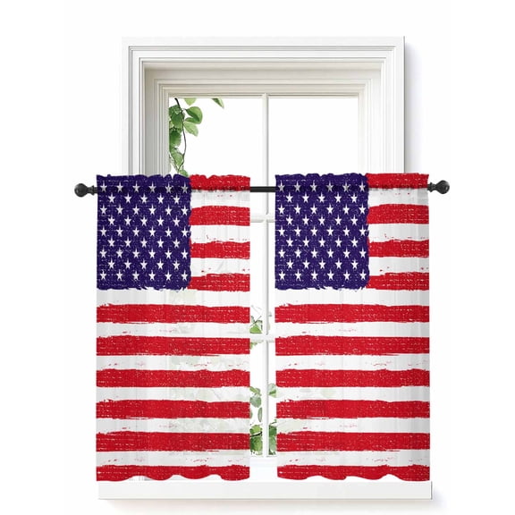 American Flag Curtains 45 Inch Length, Sheer Curtains for Bedroom Living Room Window Retro Rustic Stars And Stripes US Flag Rod Pocket Voile Drapes Kitchen Curtains Small Half Window 42"x45" 2 Panels