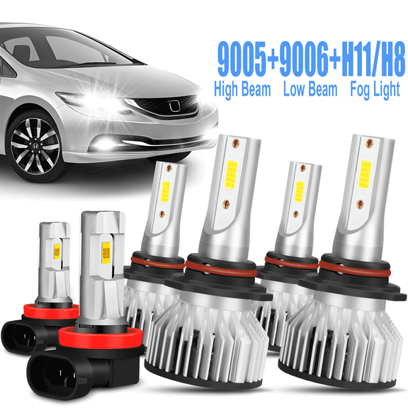 For Honda Civic 2005-2013 Civic Sedan 2014-2015 LED Headlight Bulbs 9005 High Beam   9006 Low Beam   H11 Fog Light 6pc