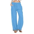 thumbnail image 3 of TaTaai Women All Season Striped Patchwork Wide Leg Pants Cotton Linen Casual Elastic Waist Loose Straight Trousers with Pockets Comfortable Daily Work Wear Gift, 3 of 9