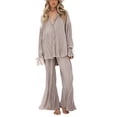 thumbnail image 1 of VISgogo Traje de pantalón de dos piezas para mujer, blusa de manga larga de color liso y pantalones de corte recto VISgogo  moda, 1 of 8