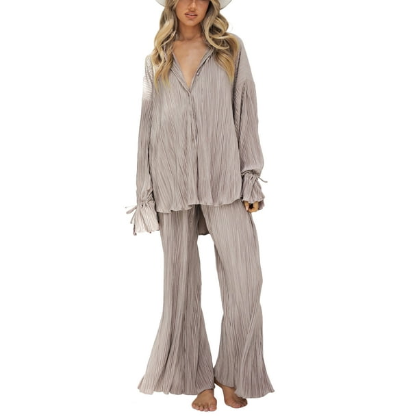 VISgogo Traje de pantalón de dos piezas para mujer, blusa de manga larga de color liso y pantalones de corte recto VISgogo moda