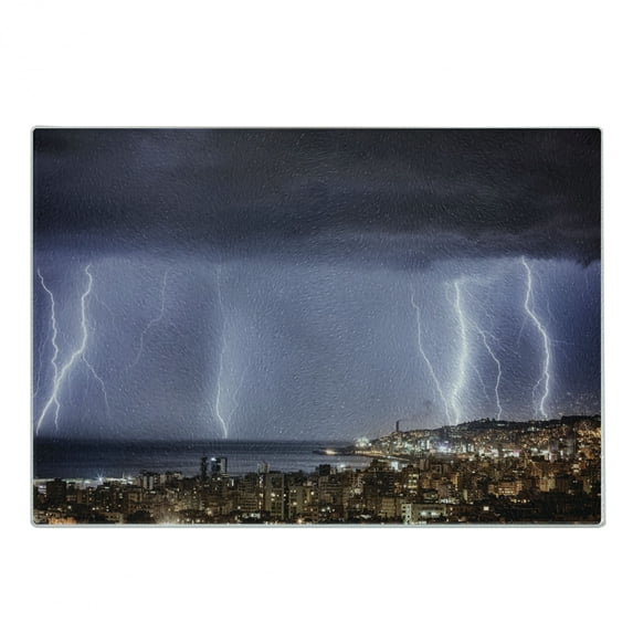 Nature Cutting Board, Majestic View on Coastal Town in Dark Stormy Night Giant Rain Cloud and Photo, Decorative Tempered Glass Cutting and Serving Board, Small Size, Multicolor, by Ambesonne