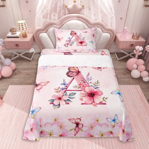 Erosebridal Floral Personalized Initial A Twin Sheet Sets 3pcs For Girls,Pink Flowers Butterflies Bedding,Lightweight Room Decor