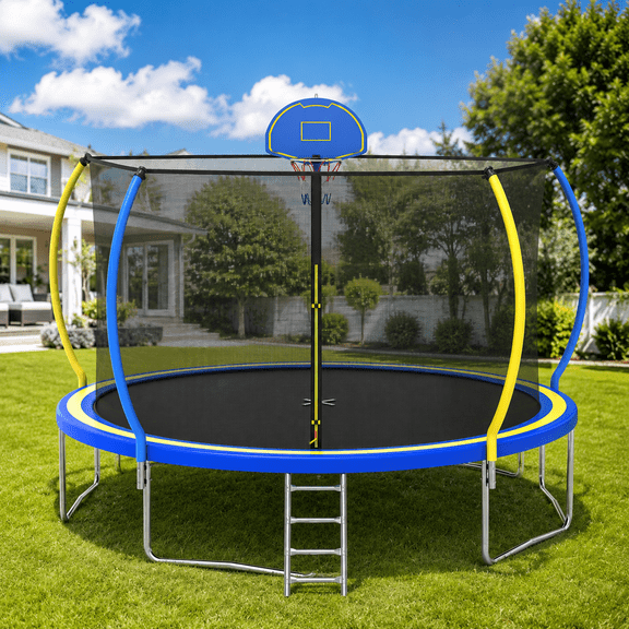 12FT Trampoline for Kids - Seizeen Round Trampoline W/ Enclosure Net & Hoop, Outdoor Colorful Trampoline with Waterproof Cover & Ladder
