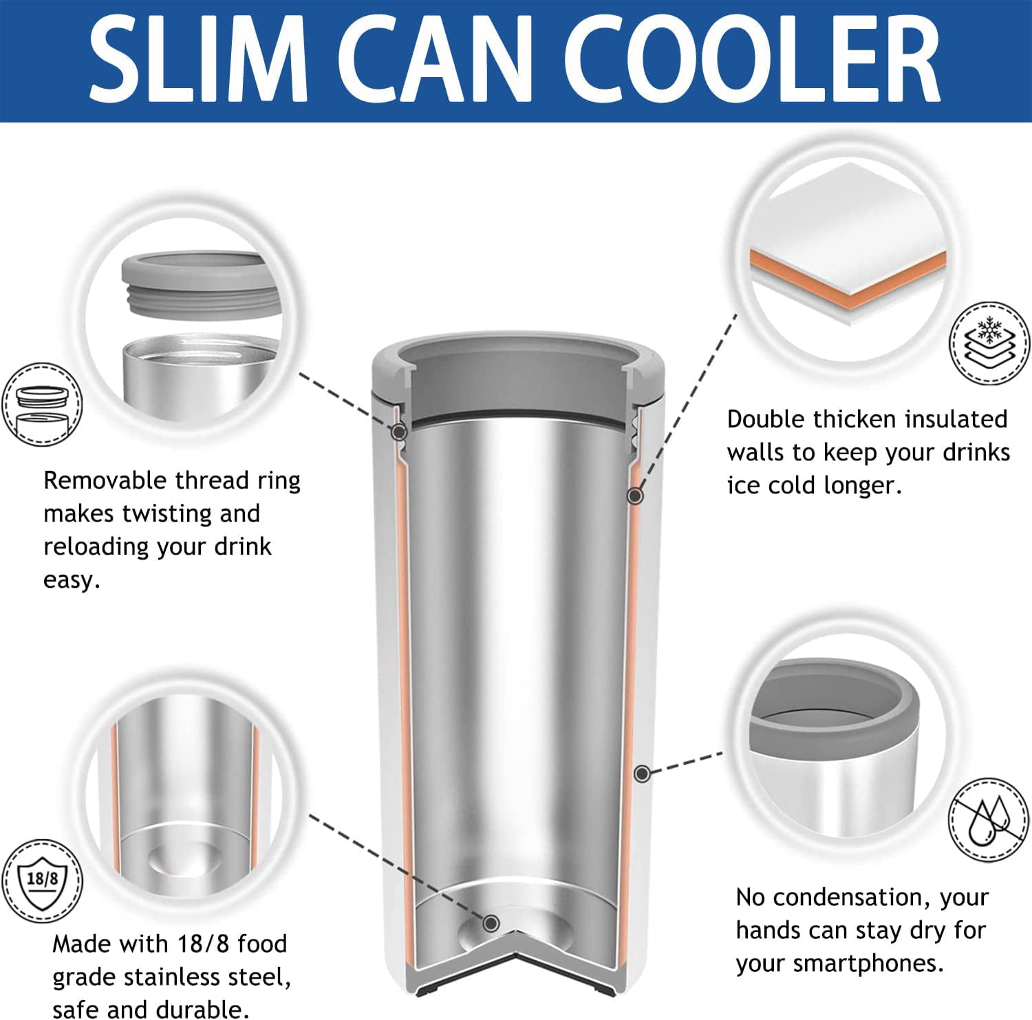 Slim Can Cooler Insulated Skinny Stainless Steel Doucle Freezable Can Cooler Sleeve Hard Seltzer 12 oz Slim Cans (4th of July Patriotic USA )