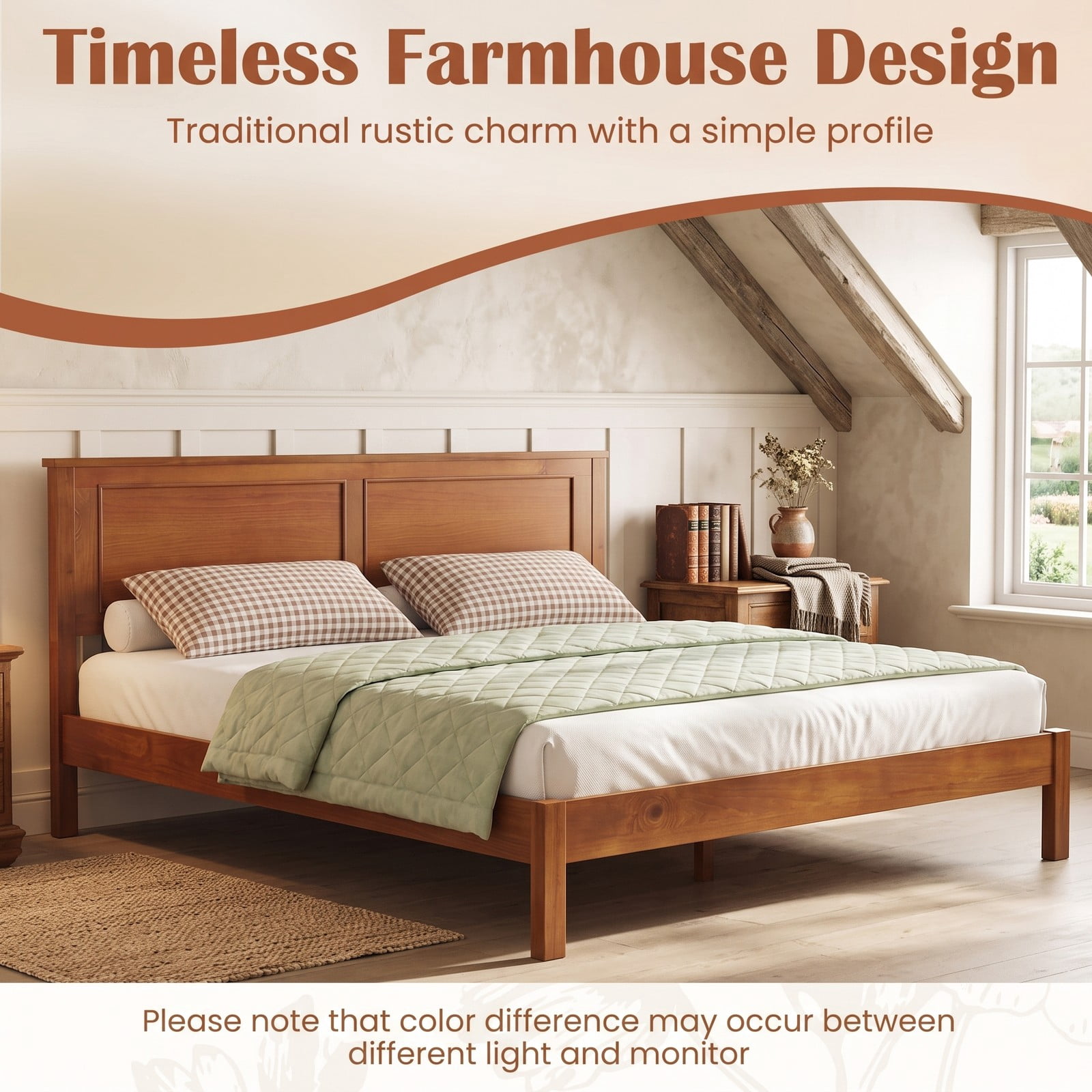 Furnibear Full Size Wood Platform Bed Frame with Paneled Headboard and Plywood Slat Support for Farmhouse Bedroom, Walnut