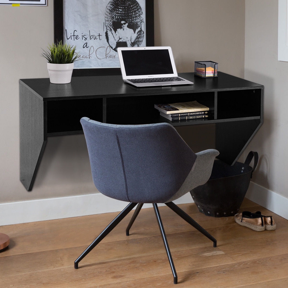 Costway Wall Mounted Floating Computer Table Sy Desk Home Office Furni Storag Shelf