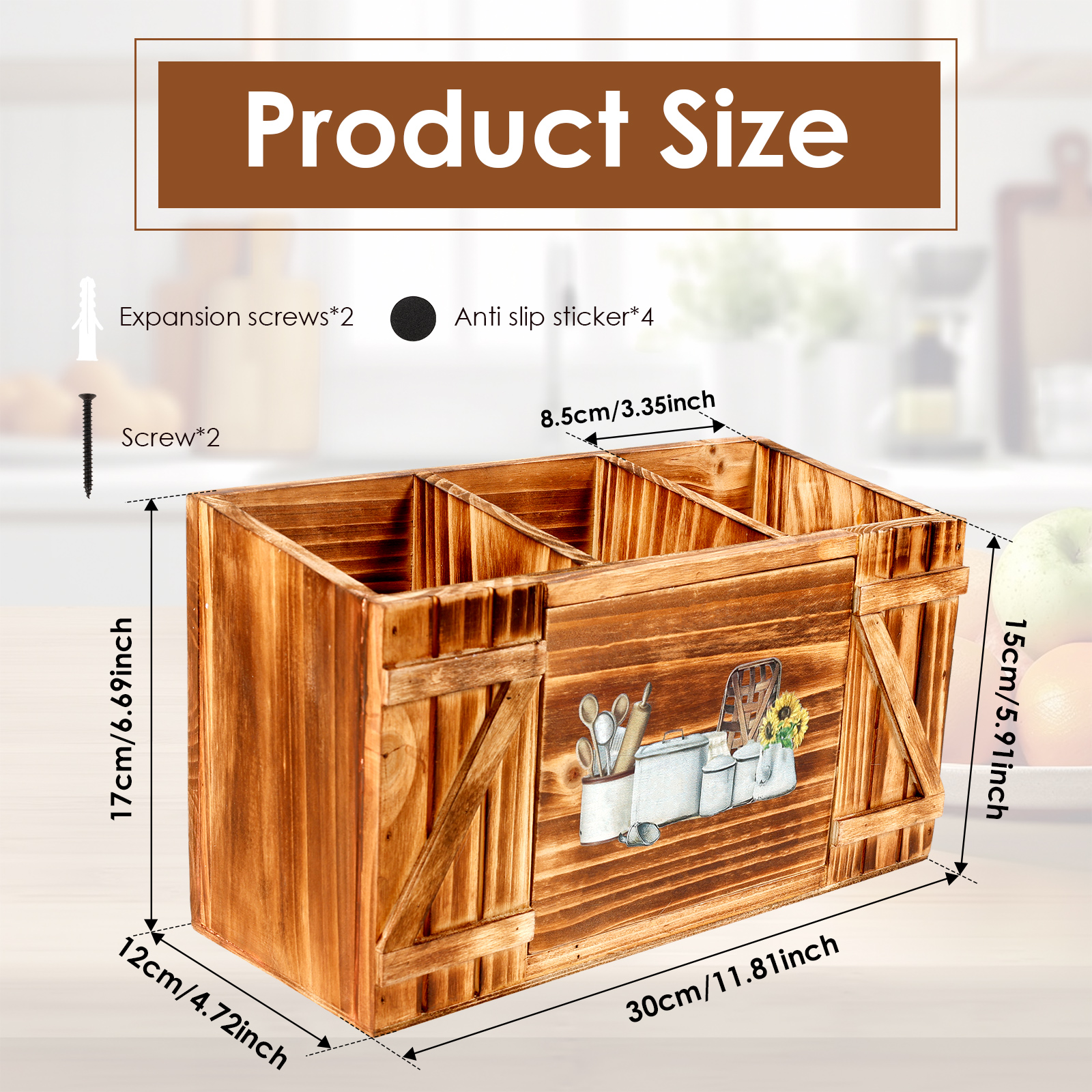 Tzdxfgl Wood Kitchen Utensil Holder for Countertop, Silverware Organizer with 3 Compartments, Large, Brown Sunflower