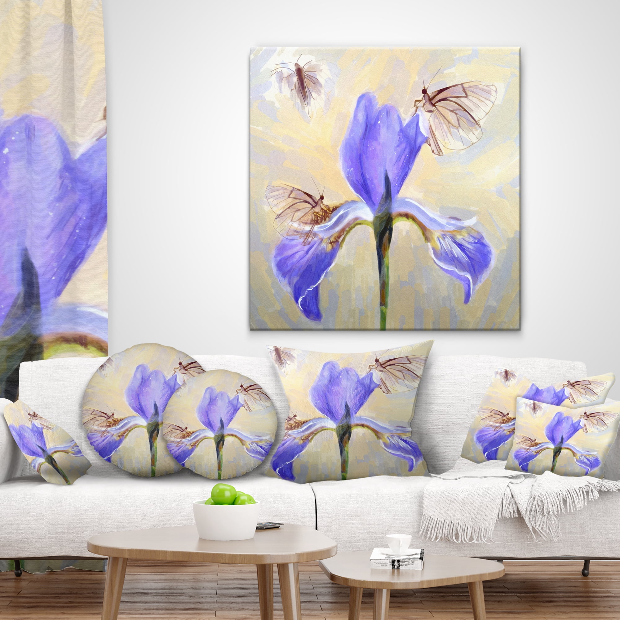 Designart Blue Flower with Butterflies Sketch - Floral Throw Pillow - 16x16