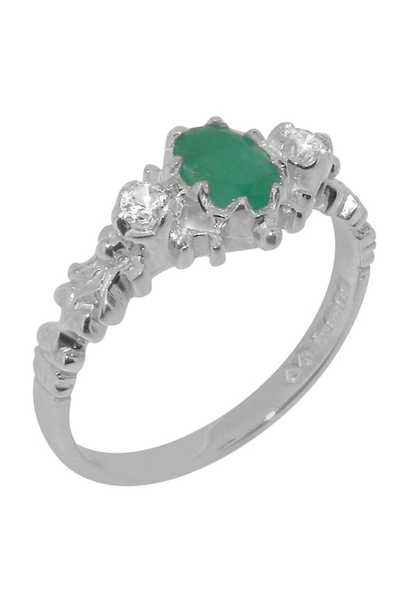 LBG British Made Real Solid 14k White Gold Natural Emerald & Diamond Womens Anniversary Ring - 33 size options - Size 6.25