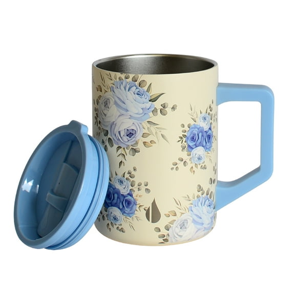 Elemental Summit Insulated Coffee Mug with Lid & Handle, Lightweight Camp Mug, Triple Wall Stainless Steel Vacuum Insulated Mug, Hot and Cold Thermal Coffee Tumbler, 16oz - Blue Blooms