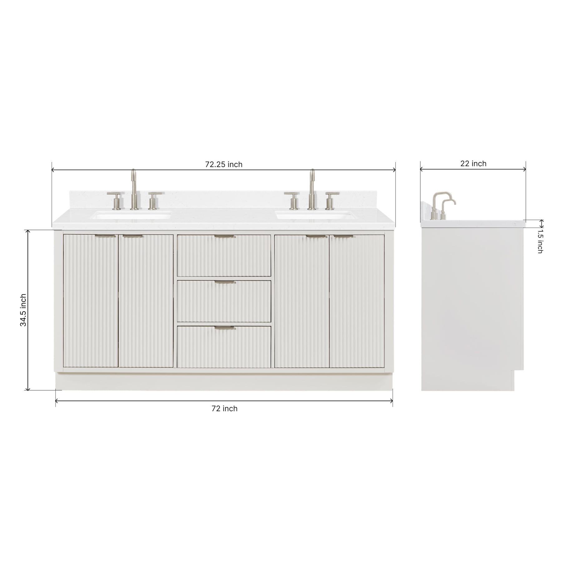 ARIEL Milan 72 Inch Double Rectangle Sink Bathroom Vanity with Carrara White Quartz Countertop 1.5 Inch in Warm White