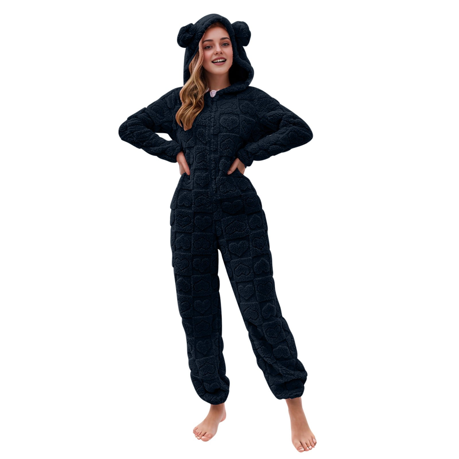 BiZtdJrK Women's Furry Sherpa Onesie Pajamas Fashion Heart Jacquard Jumpsuits Cute Ear Hood Romper Lounge Sleepwear, Navy, L