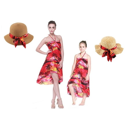 Matching Hawaiian Luau Mother Daughter Halter Dress and Hats with Matching Bands in Sunset Red