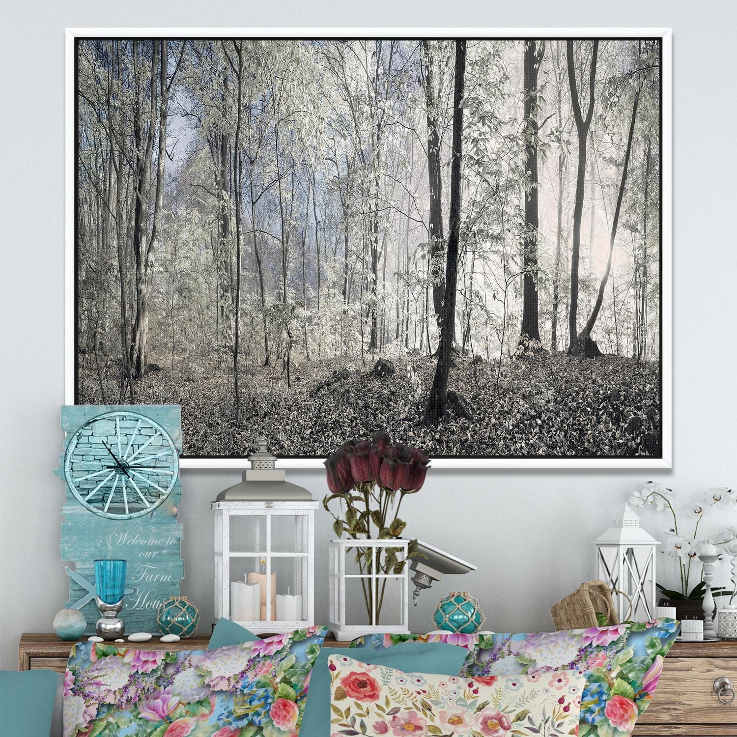 Designart Matin sombre dans le panorama de la forêt ART MURAL À CADRE FLOTTÉ