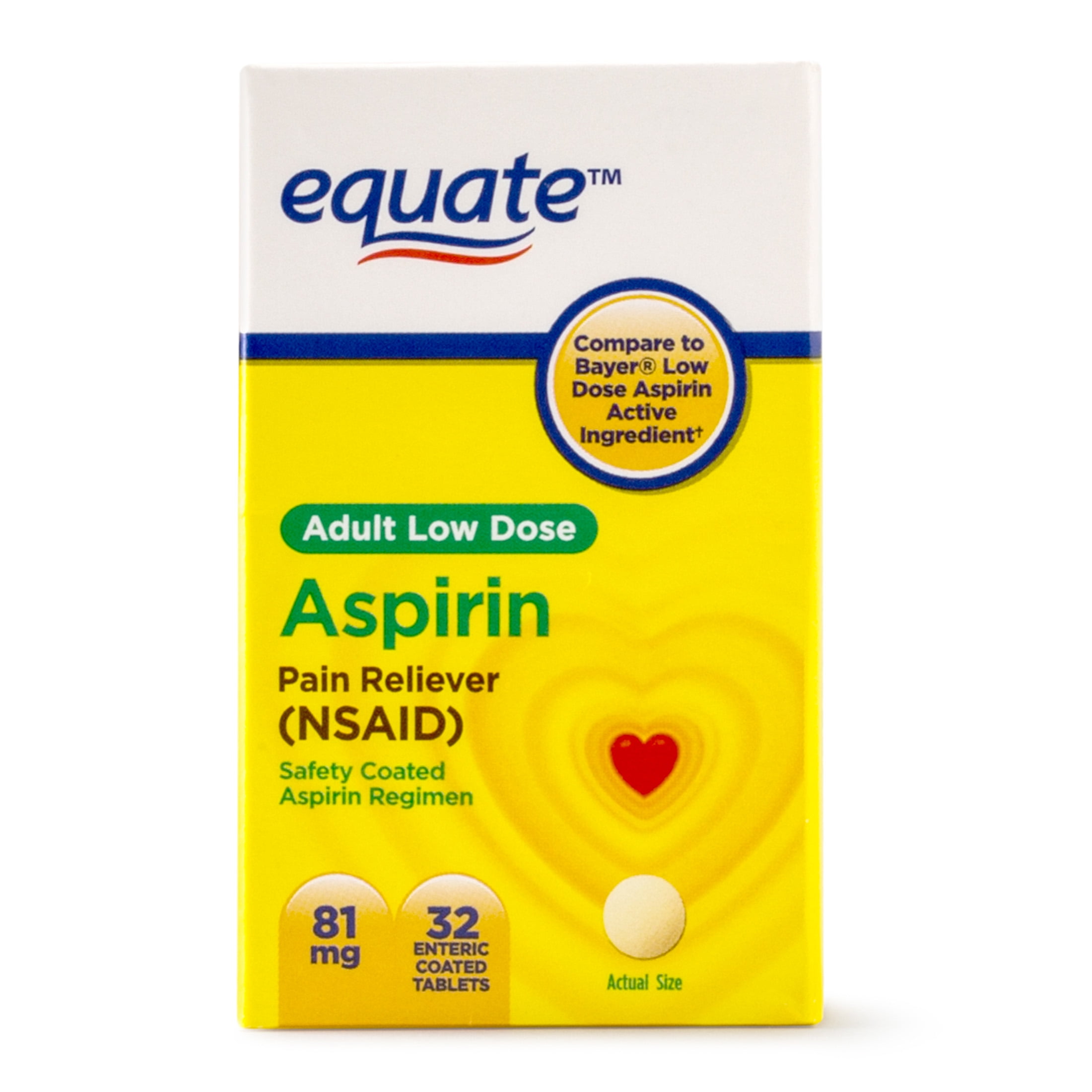 Equate Low Dose Aspirin Enteric Coated Tablets, 81 mg, 32 Ct