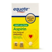 (4 pack) (4 Pack) Equate Low Dose Aspirin Enteric Coated Tablets, 81 mg, 32 Ct