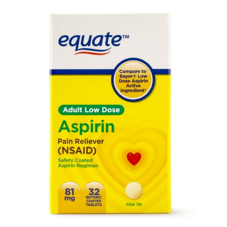 (4 pack) (4 Pack) Equate Low Dose Aspirin Enteric Coated Tablets, 81 mg, 32 Ct