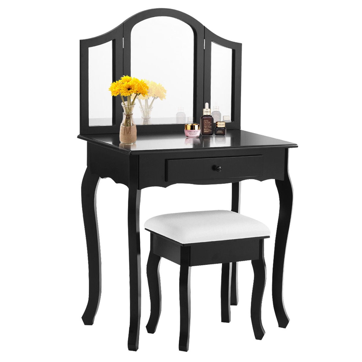 Ghp Black Mdf Panel Makeup Dressing Up Table Stool With Tri Fold