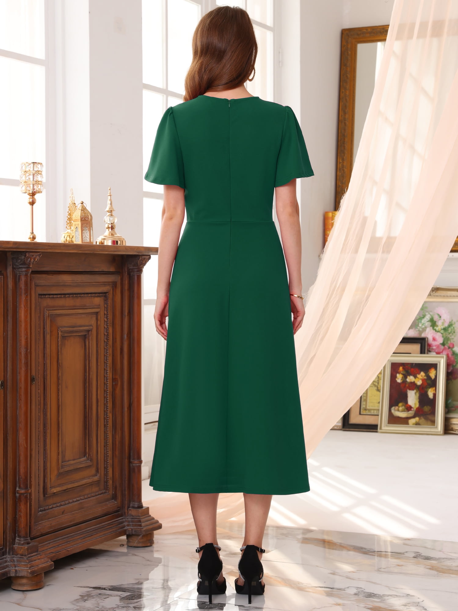 DARING DIVA Women's Ruffle Crew Neck Short Sleeve Formal Cocktail Dress S Dark Green