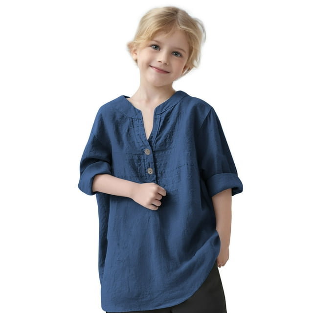 zbxnLI Kids Girls Spring Long Sleeve Shirts Button V Neck Casual Loose T-Shirts Solid Color Summer Tops
