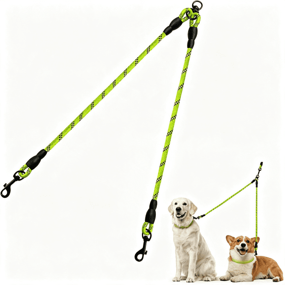 GASTROPOD Double Dog Leash Coupler for Two Dogs, 1/3" Lightweight Dual Leash Extension for Small and Medium Dogs, No Tangle 360° Swivel, Reflective Rope, 30", Green
