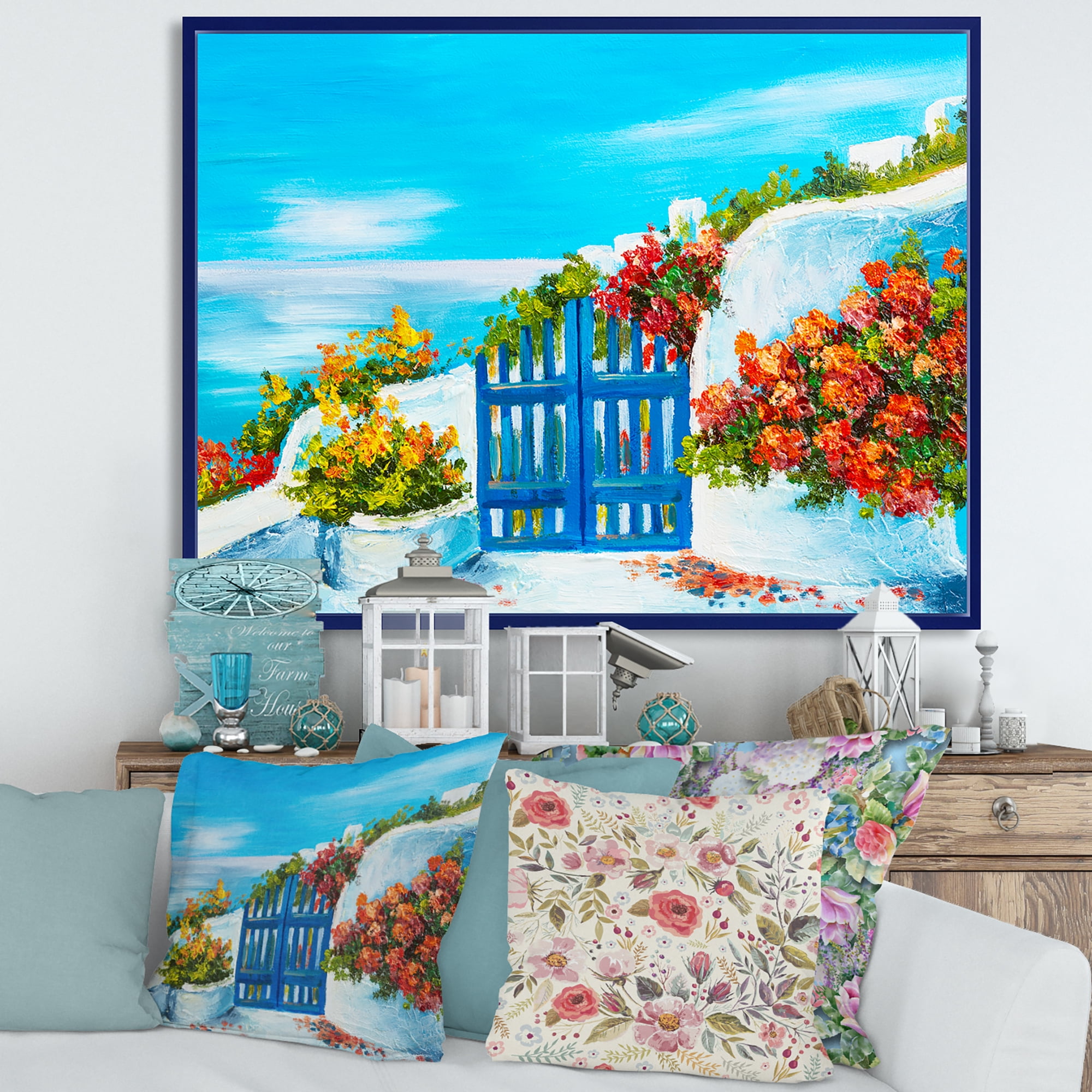 Designart 'House With Colorful Flowers Near The Sea III' Nautical & Coastal Framed Canvas Wall Art Print