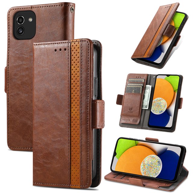 Case for Samsung Galaxy A03S Cover Leather Wallet Folio Case Book Design Flip Magnetic Closure - Brown