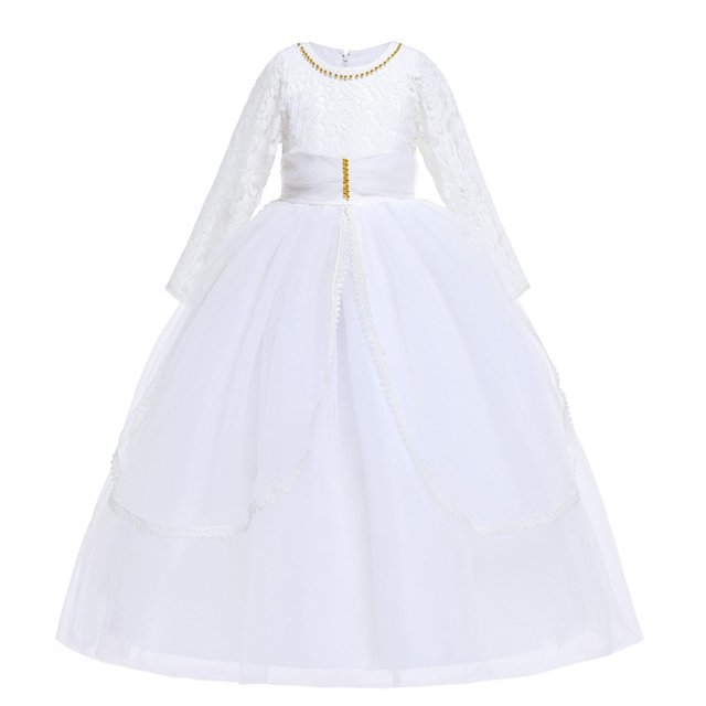 Floleo Jupe Formelle pour Enfants Manches Longues Col Rond Couleur Unie Jupe à Volants Fête Ou Anniversaire pour Enfants 4-8 Ans (Blanc1,11 Ans)