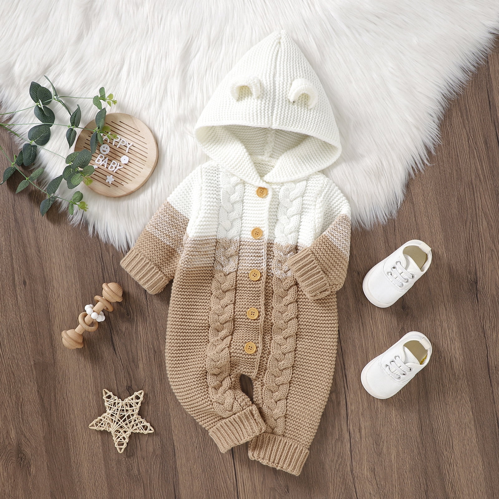 FYMNSI Newborn Baby Girl Boy Hooded Romper Infant Button Down Knitted Jumpsuit Fall Winter Clothes 0-3 Months Khaki