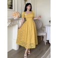thumbnail image 3 of Yellow Womens Square Neck Puff Sleeve Fit & Flare Midi Dress With 3D Floral Embellishment, 3 of 6
