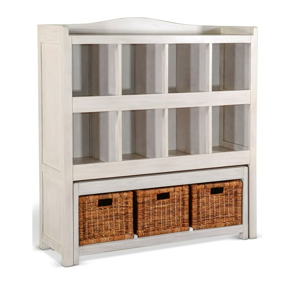 Bem Bookcase w Trundle Bench, 3 Woven Basket, 8 Cubbies, White 57 Inch