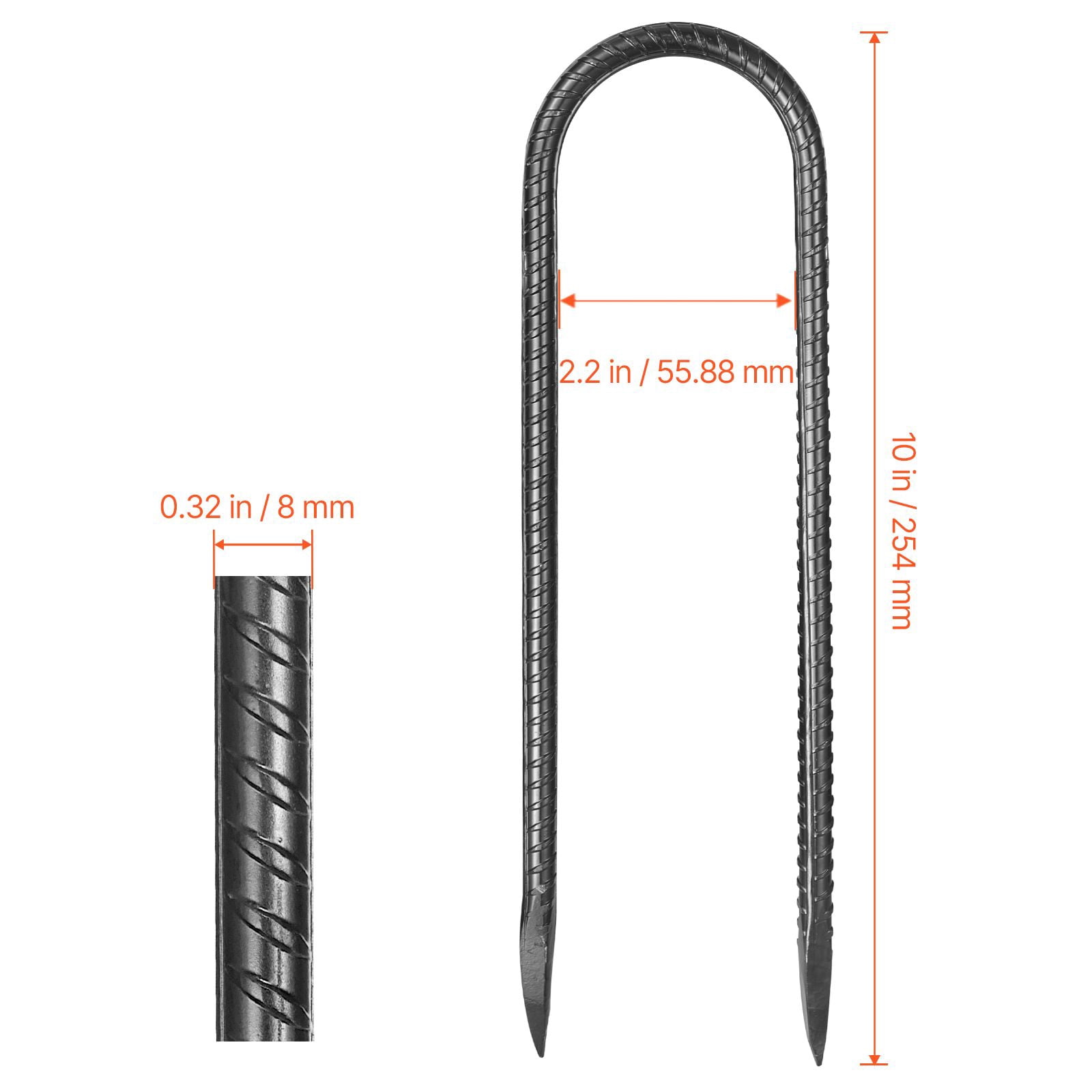 10-Inch 12 Pack U Shape Rebar Stakes, Galvanized Steel with Black Powder Coating, Chiseled Tip 60°, for Anchoring Fences, Tents, Trampolines & Outdoor Equipment