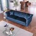 thumbnail image 3 of Teal Blue Velvet Chesterfield Sofa 3 Seater Tufted Couch with Scroll Arm and Scroll Back for Living Room, 3 of 11