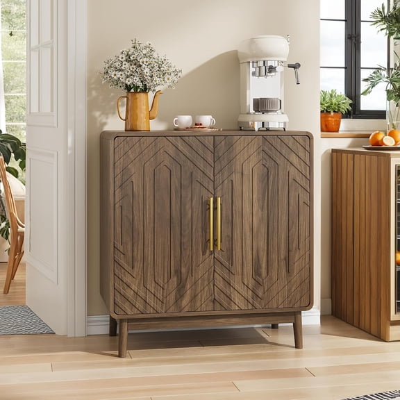 LQLI 31.5" Modern Sideboard Cabinet with Storage, Carved 2-Door Buffet w/Adjustable Shelves & Solid Wood Legs, Credenza & Accent Cabinet for Living Room, Entryway, Kitchen,Dining Room,Walnut